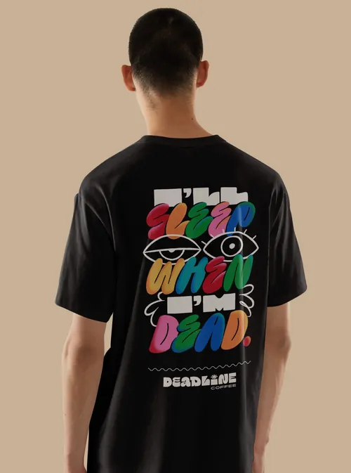 T-shirt with colorful Deadline Coffee graphic and hand-drawn lettering by Mel Cerri