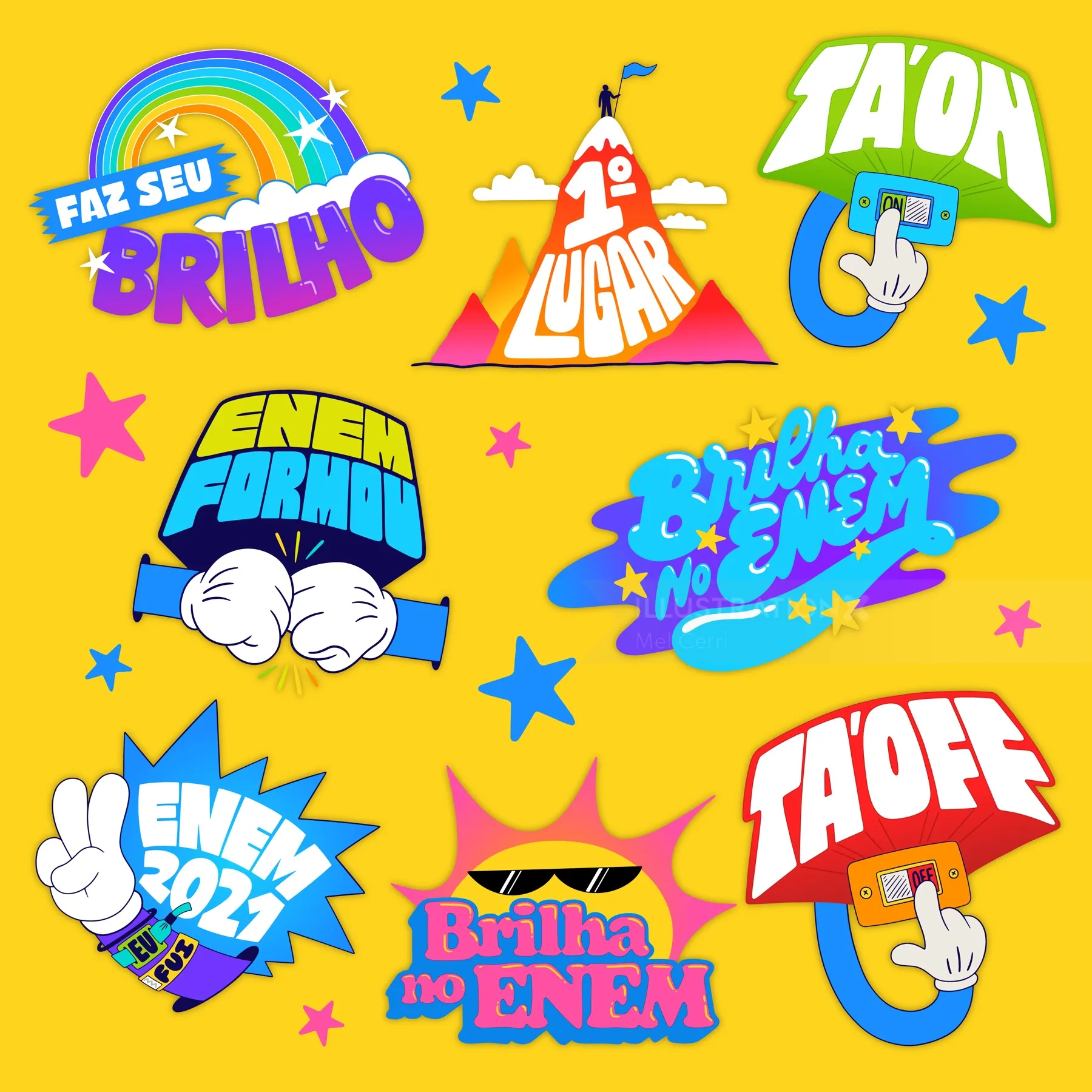 Colorful ENEM motivational stickers with encouraging phrases by Mel Cerri