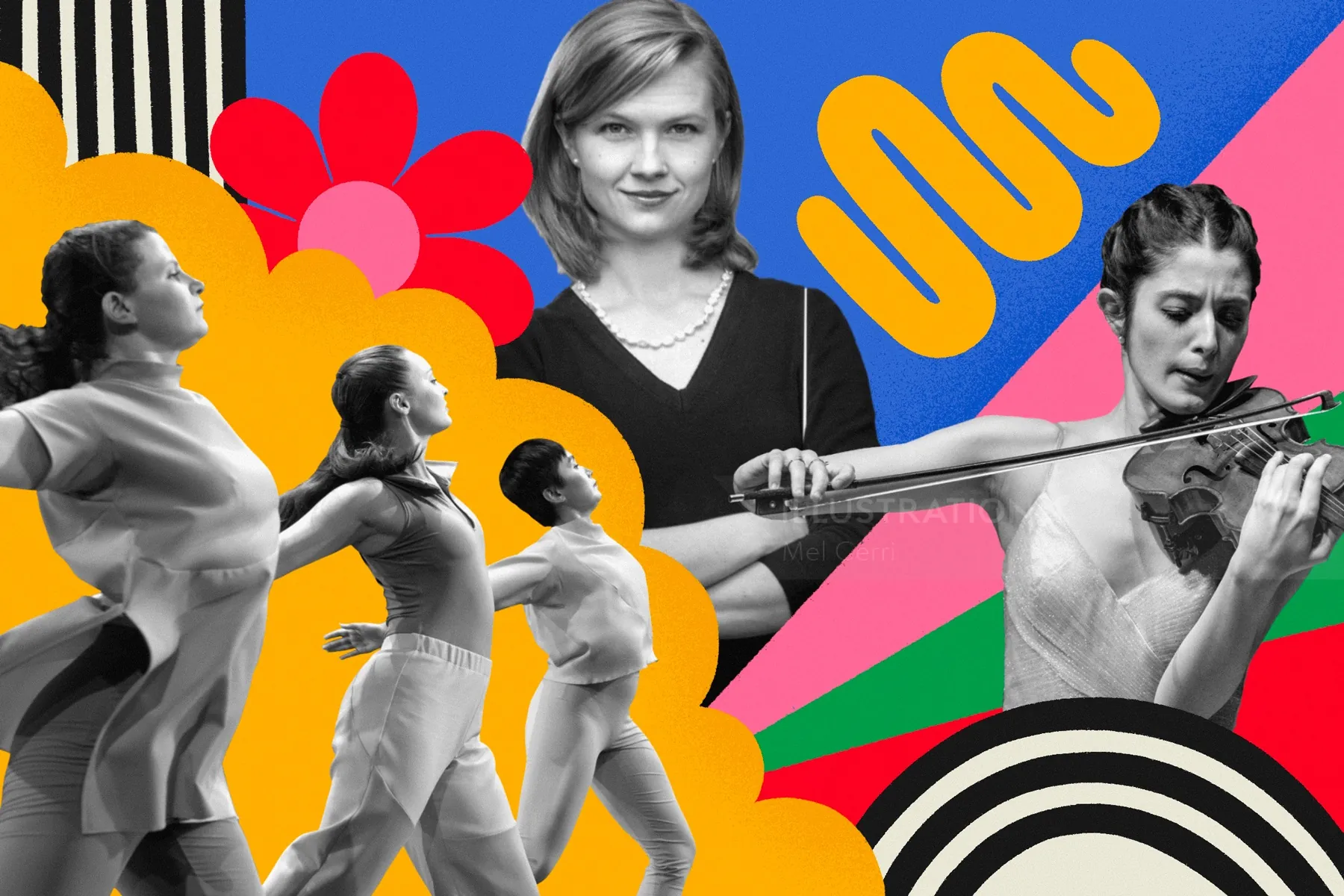 Colorful collage with dancers, violinist, and bold shapes by Mel Cerri