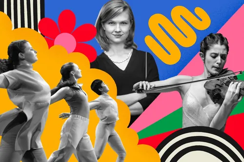 Colorful collage with dancers, violinist, and bold shapes by Mel Cerri