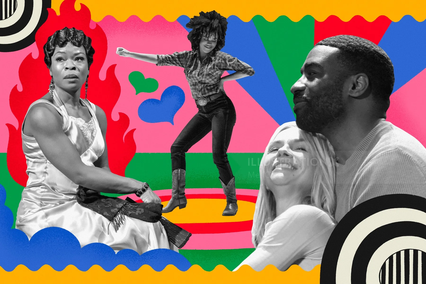 Colorful collage featuring diverse figures in dynamic poses by Mel Cerri