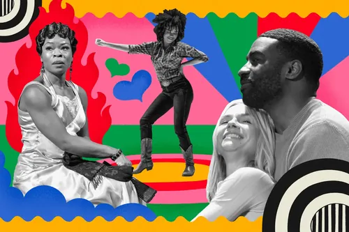 Colorful collage featuring diverse figures in dynamic poses by Mel Cerri