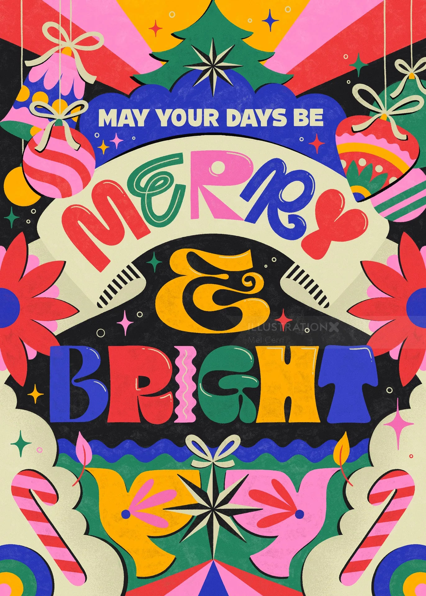 由 Mel Cerri 设计的彩色手写 Merry & Bright 节日图案