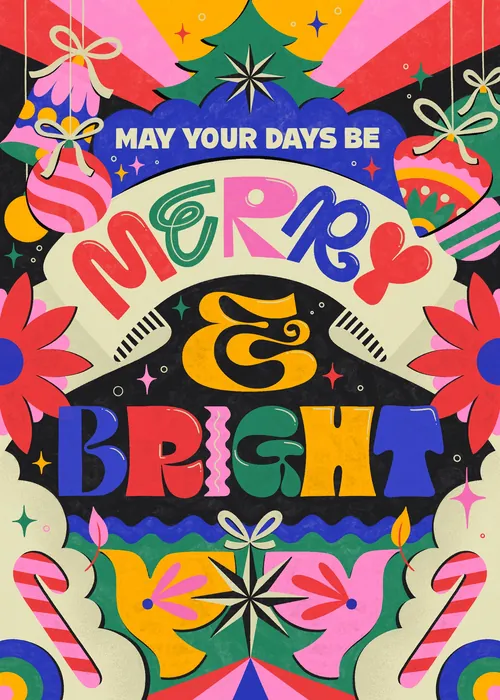 Colorful hand-lettered Merry & Bright holiday design by Mel Cerri