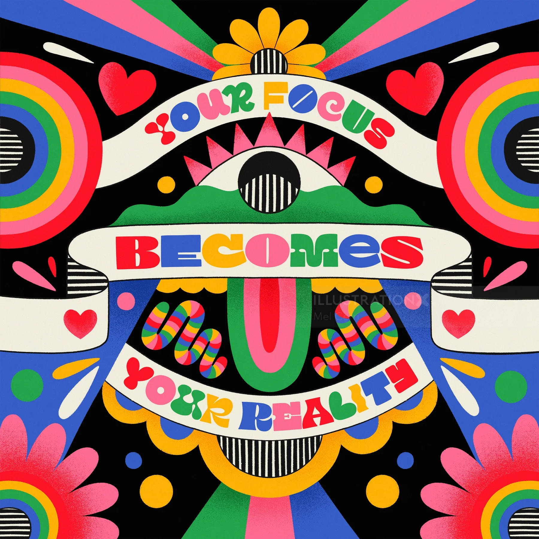 Hand-lettered phrase 'Your Focus Becomes Your Reality' by Mel Cerri with vibrant colors