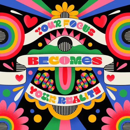 Hand-lettered phrase 'Your Focus Becomes Your Reality' by Mel Cerri with vibrant colors