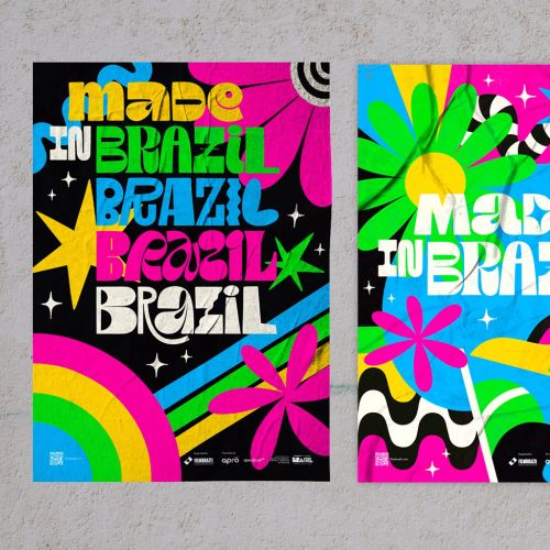 Colorful posters with hand-lettered text and vibrant Brazilian motifs by Mel Cerri