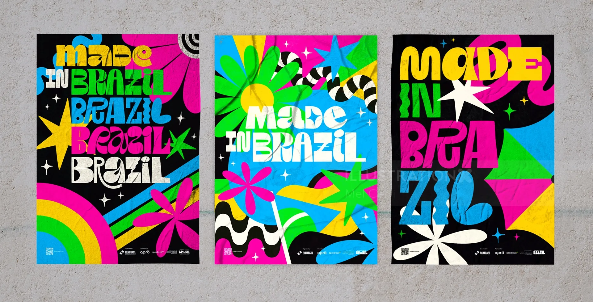 Cartazes coloridos com texto escrito à mão e vibrantes motivos brasileiros por Mel Cerri