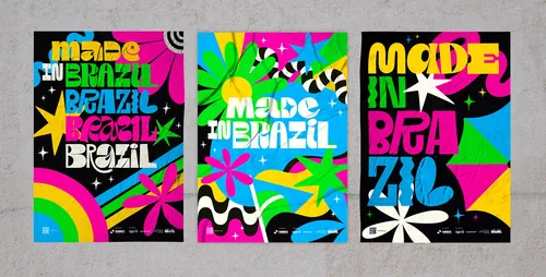 Colorful posters with hand-lettered text and vibrant Brazilian motifs by Mel Cerri