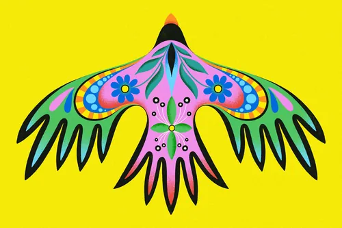 Brightly colored alebrije bird on yellow background by Mel Cerri