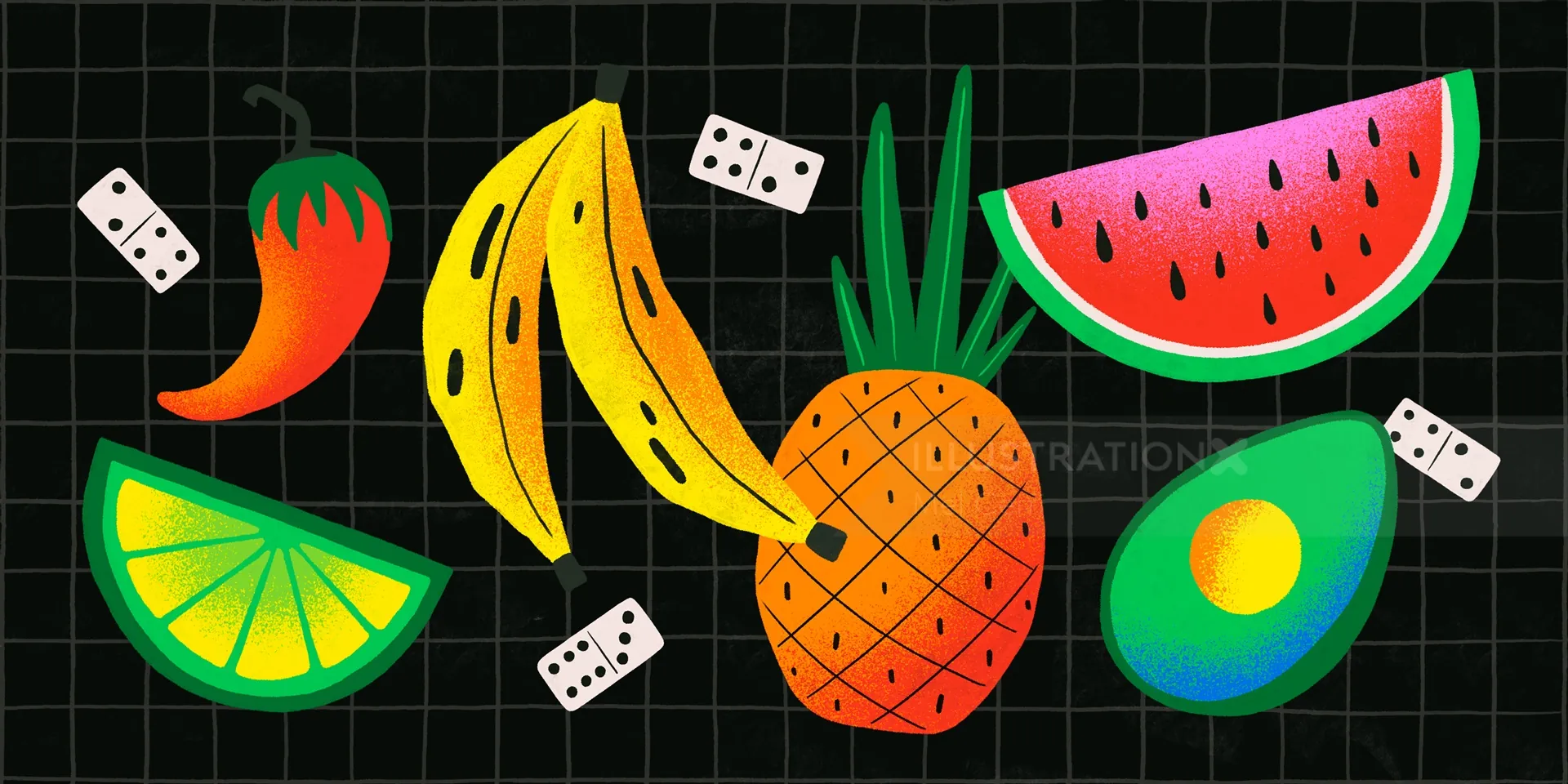 Illustration of tropical fruits and dominoes by Mel Cerri