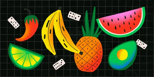 Illustration of tropical fruits and dominoes by Mel Cerri