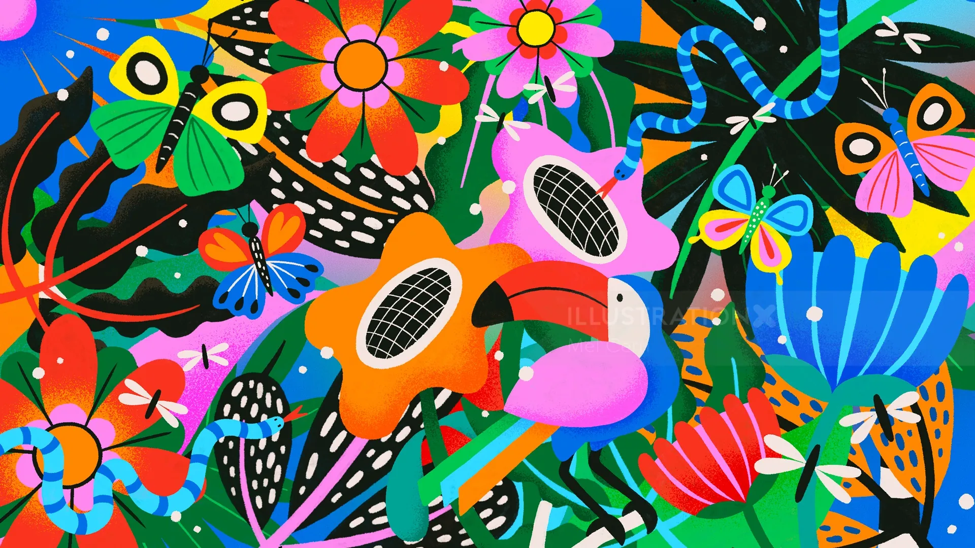 Ilustração vibrante da cultura latina com pássaros tropicais, flores e padrões coloridos por Mel Cerr