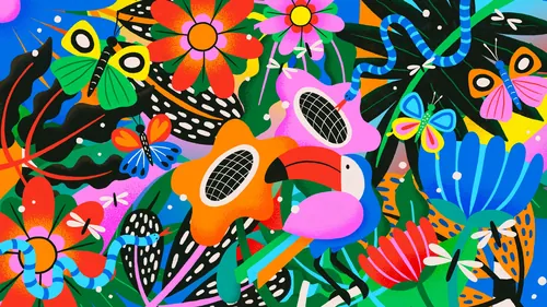 Vibrant Latinx cultural illustration with tropical birds, flowers, and colorful patterns by Mel Cerr