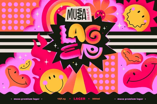 Colorful Musa Beer packaging with playful illustrations by Mel Cerri