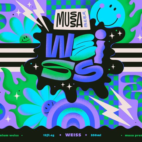 Colorful Musa Beer label with playful illustrations by Mel Cerri