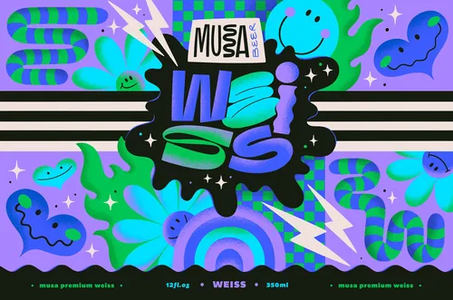 Colorful Musa Beer label with playful illustrations by Mel Cerri