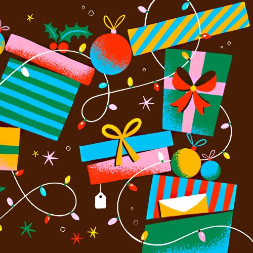 Christmas gift boxes and ornaments with festive colors by Mel Cerri