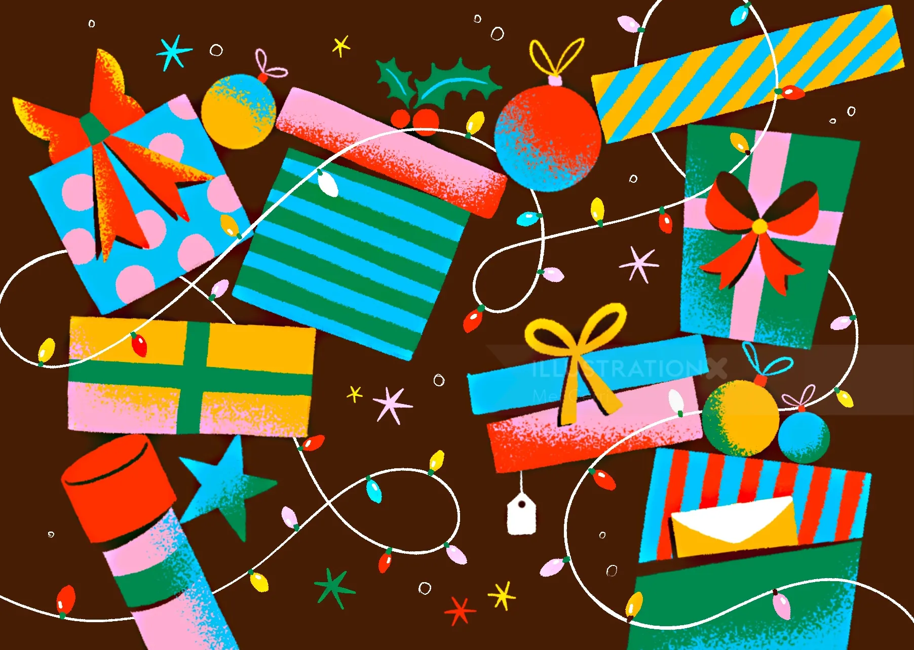 Christmas gift boxes and ornaments with festive colors by Mel Cerri