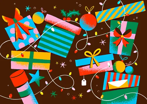 Christmas gift boxes and ornaments with festive colors by Mel Cerri