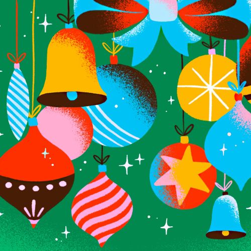 Colorful Christmas ornaments with bells on green by Mel Cerri