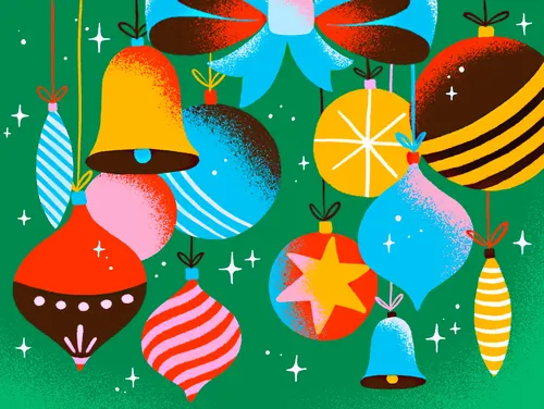 Colorful Christmas ornaments with bells on green by Mel Cerri