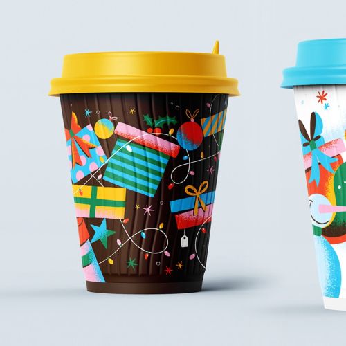 Three colorful Christmas-themed paper cups with festive designs by Mel Cerri