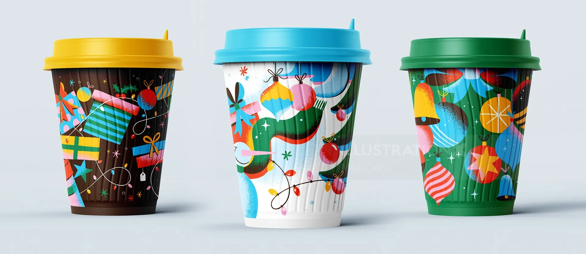 Três copos de papel coloridos com tema natalino e designs festivos de Mel Cerri