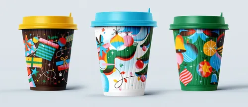 Three colorful Christmas-themed paper cups with festive designs by Mel Cerri