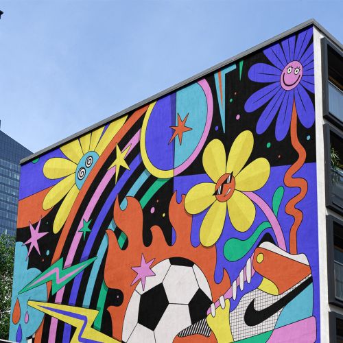 Vibrant mural with Nike shoes, soccer ball, and colorful flowers by Mel Cerri