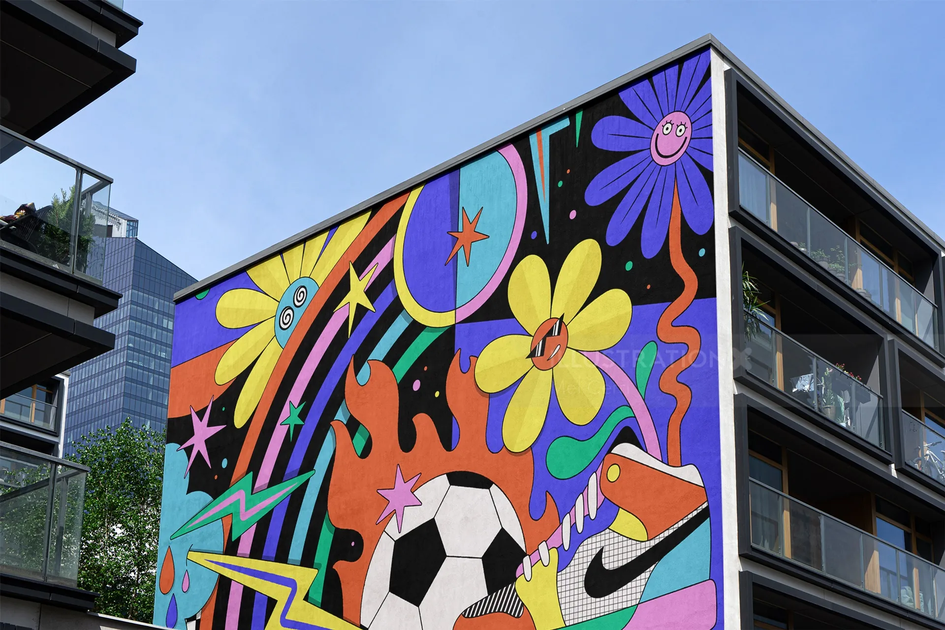 Vibrant mural with Nike shoes, soccer ball, and colorful flowers by Mel Cerri