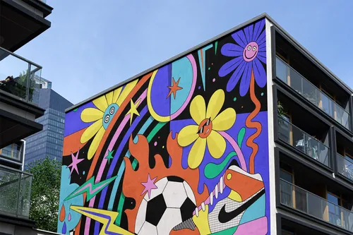 Vibrant mural with Nike shoes, soccer ball, and colorful flowers by Mel Cerri