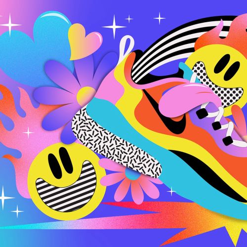 Vibrant Nike shoe with smiley faces and dynamic colorful patterns by Mel Cerri