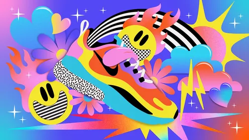 Vibrant Nike shoe with smiley faces and dynamic colorful patterns by Mel Cerri