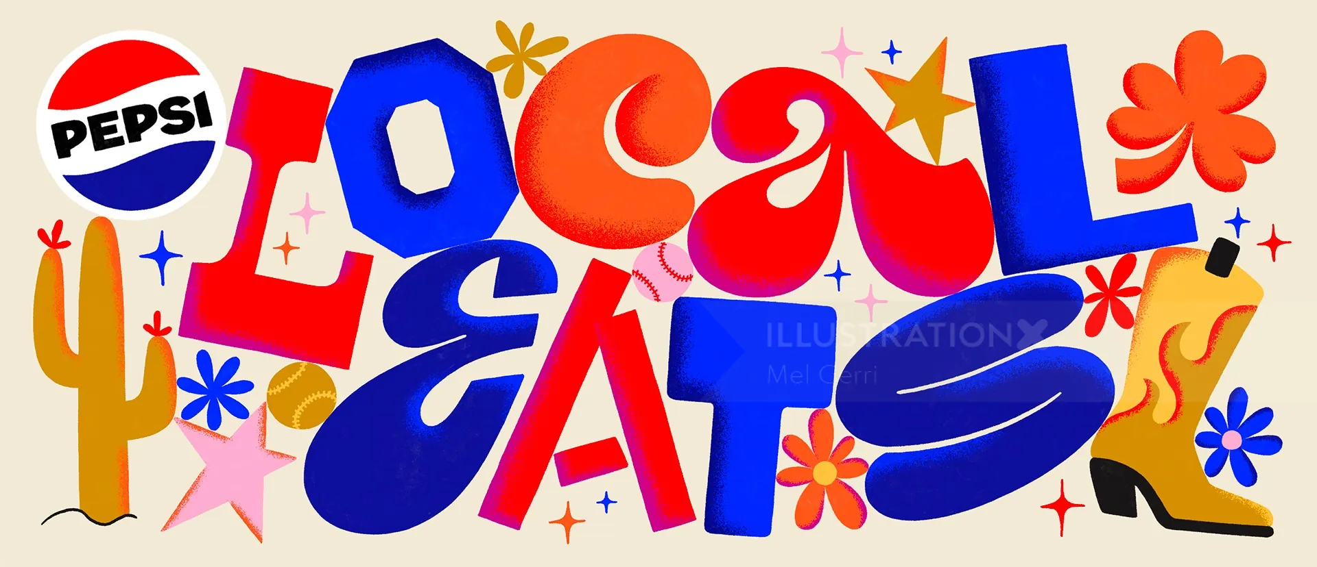 Bold colorful lettering illustration for Pepsi local eats by Mel Cerri