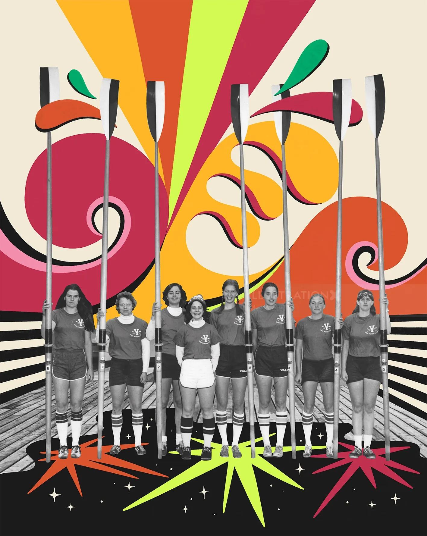Black and white photo of women rowers with colorful abstract illustration by Mel Cerri