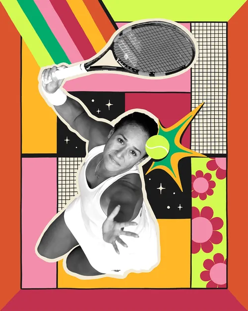 Tennis player hitting ball in colorful collage style by Mel Cerri