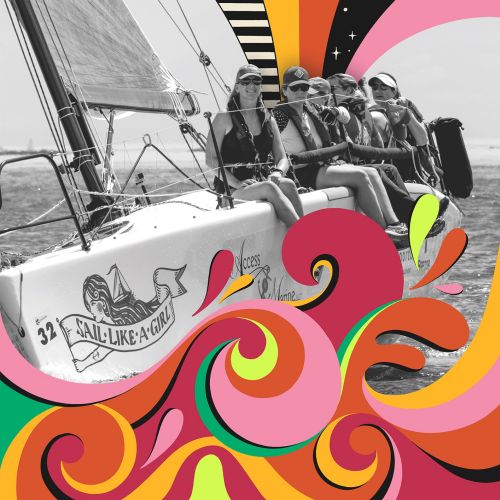 Illustration of women sailing on a boat with vibrant abstract shapes by Mel Cerri
