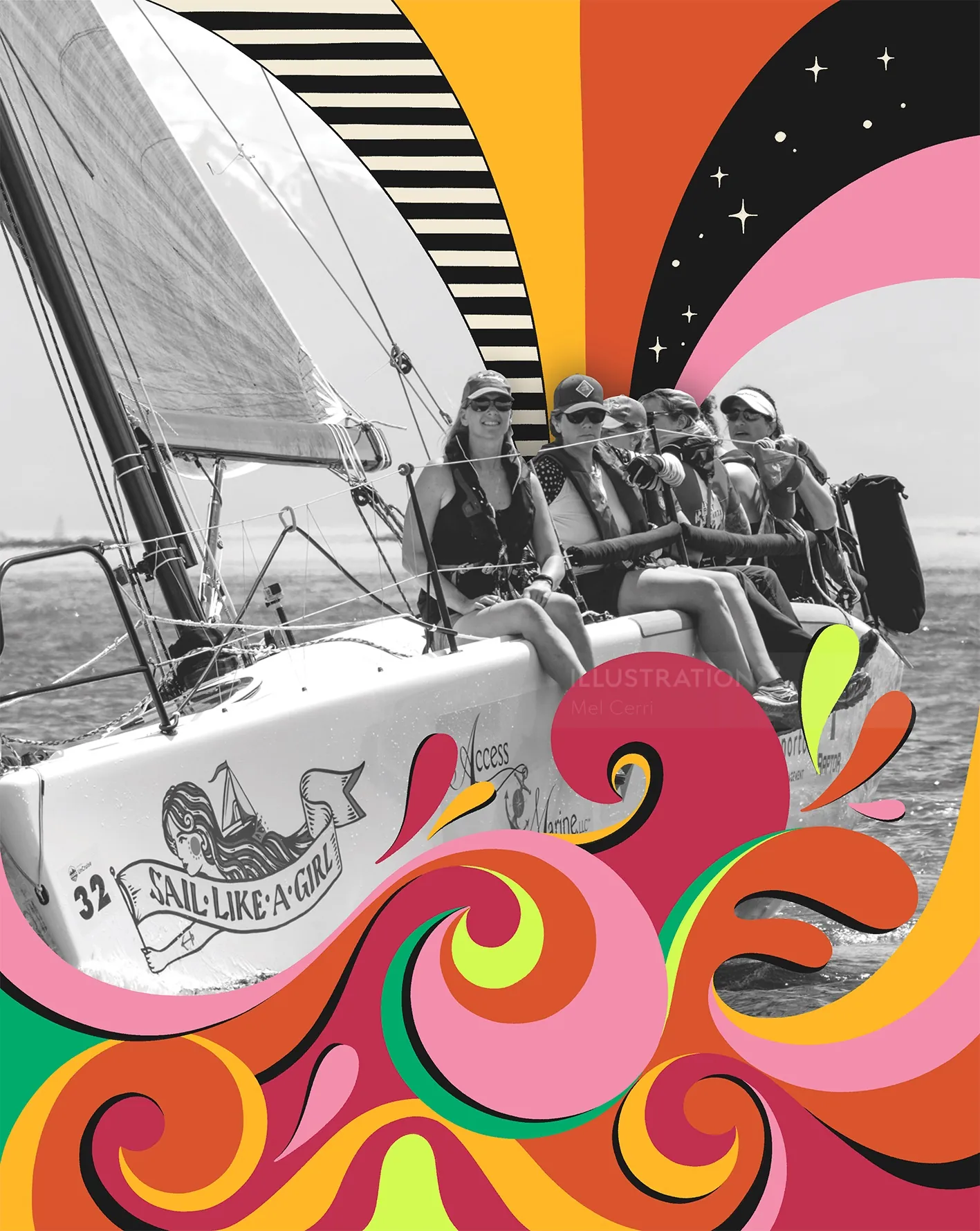 Ilustração de mulheres navegando em um barco com formas abstratas vibrantes por Mel Cerri