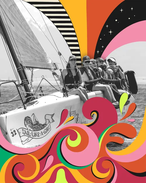 Illustration of women sailing on a boat with vibrant abstract shapes by Mel Cerri