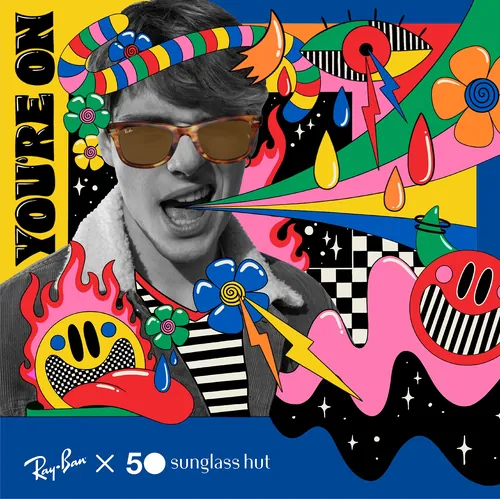 Colorful mixed-media portrait with Ray-Ban sunglasses by Mel Cerri