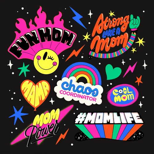 Animated colorful mom life stickers with phrases, by Mel Cerri