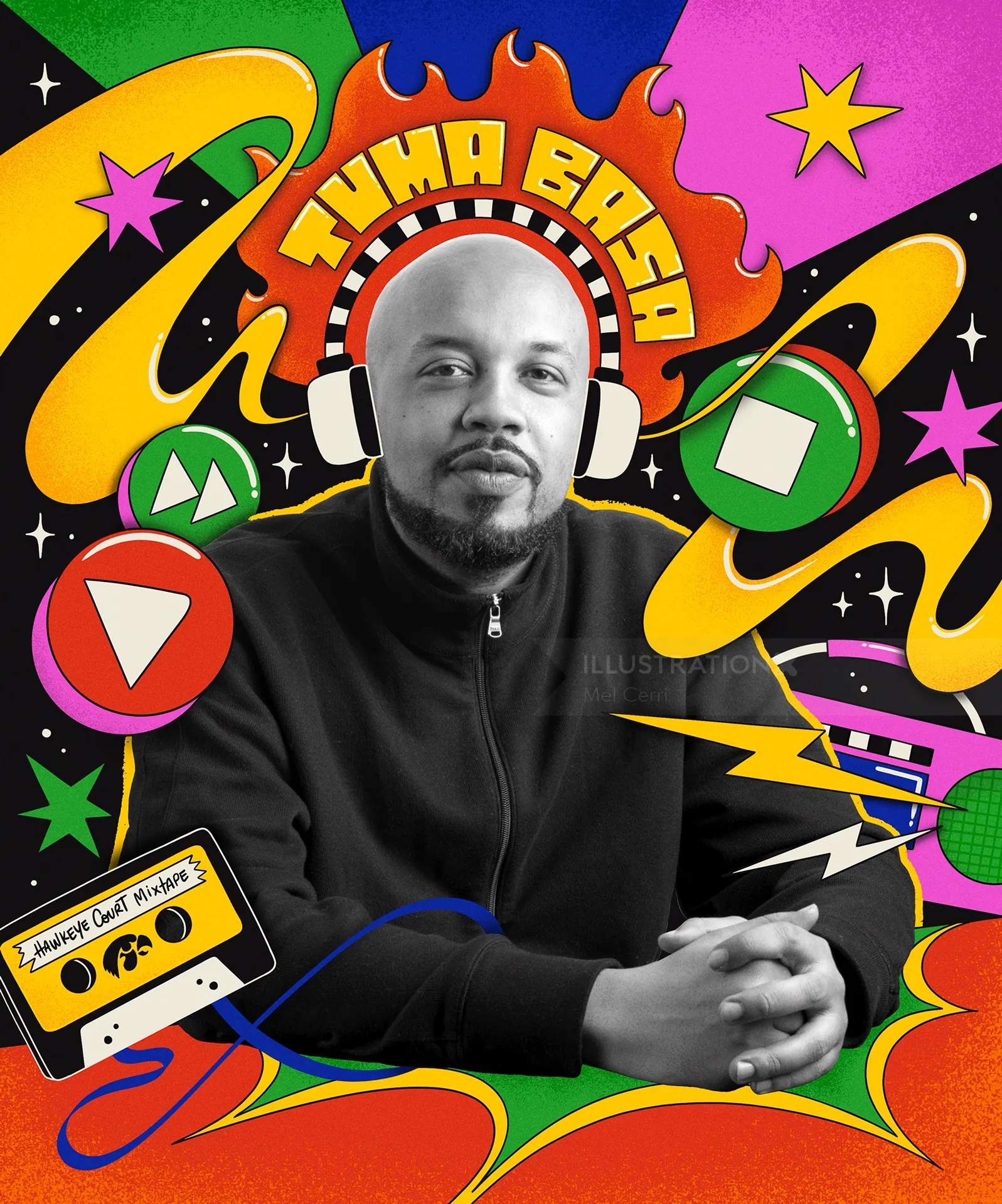 Editorial illustration of Tuma Basa with 80s boombox and mixtape symbols by Mel Cerri
