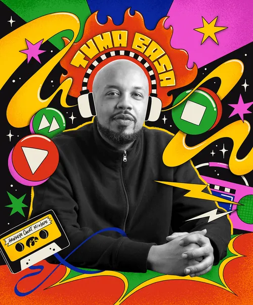 Editorial illustration of Tuma Basa with 80s boombox and mixtape symbols by Mel Cerri