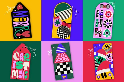 Colorful modern Christmas gift tags with playful, abstract designs by Mel Cerri