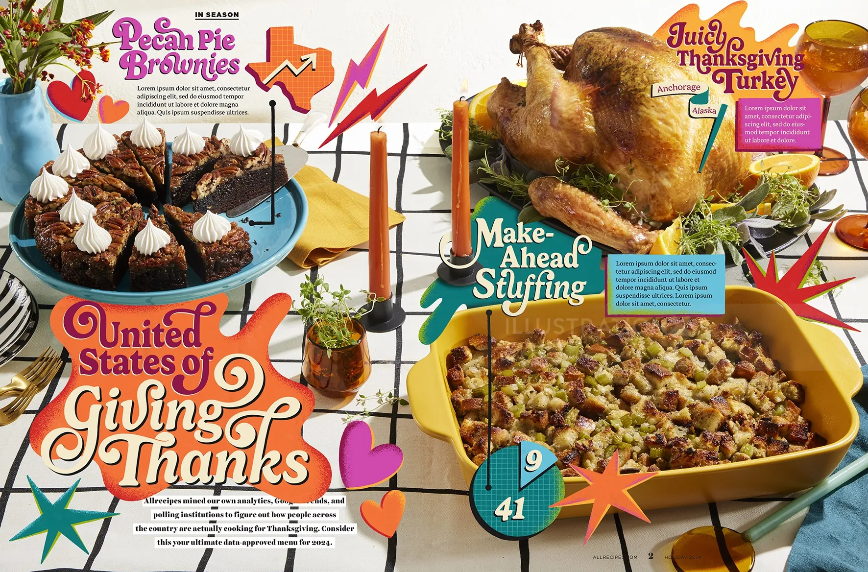 Thanksgiving food illustrations with turkey, stuffing, and holiday stats by Mel Cerri