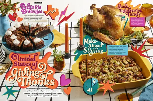 Thanksgiving food illustrations with turkey, stuffing, and holiday stats by Mel Cerri