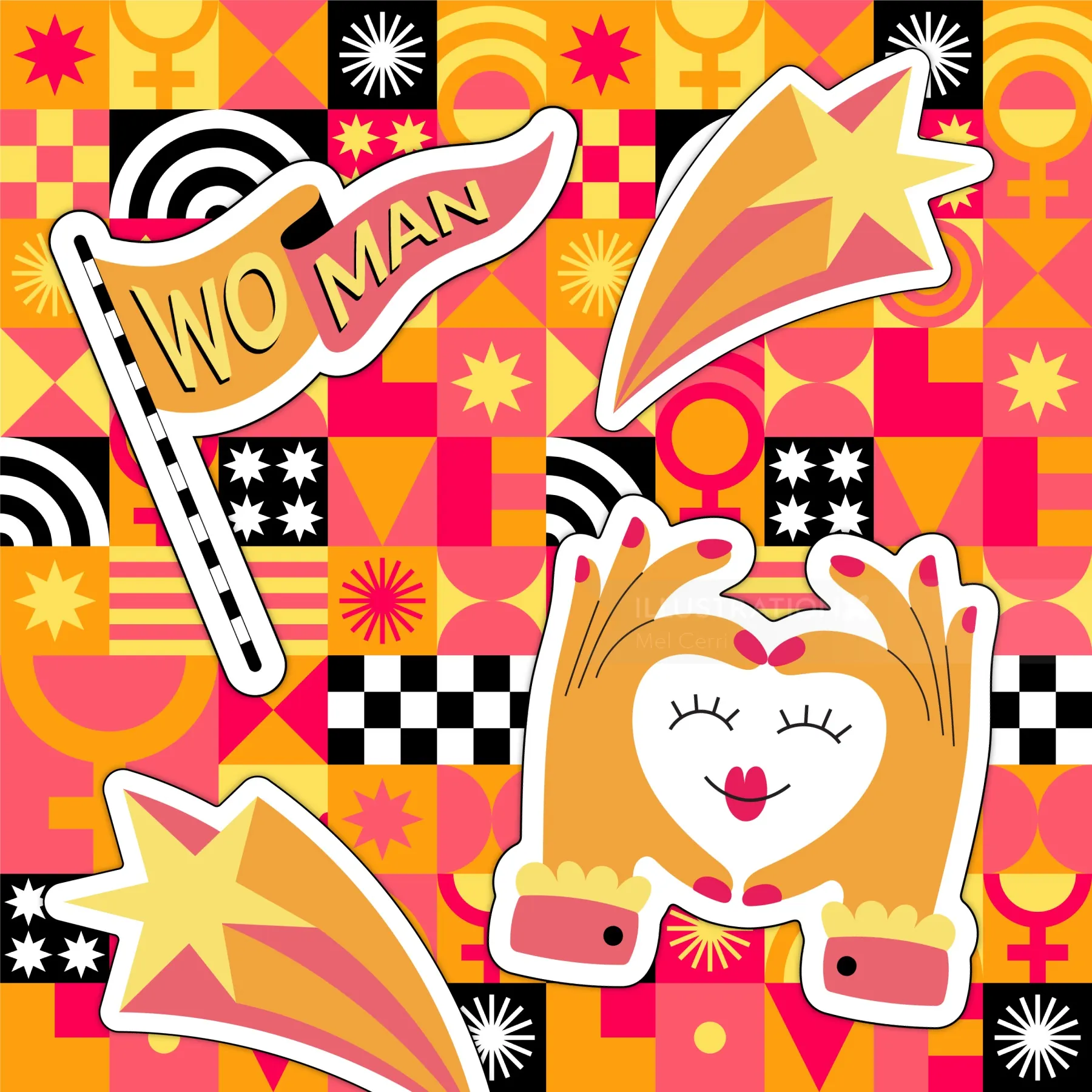 Illustration with 'Wo Man' flag and heart hands by Mel Cerri