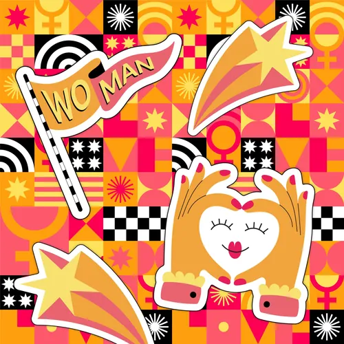 Illustration with 'Wo Man' flag and heart hands by Mel Cerri