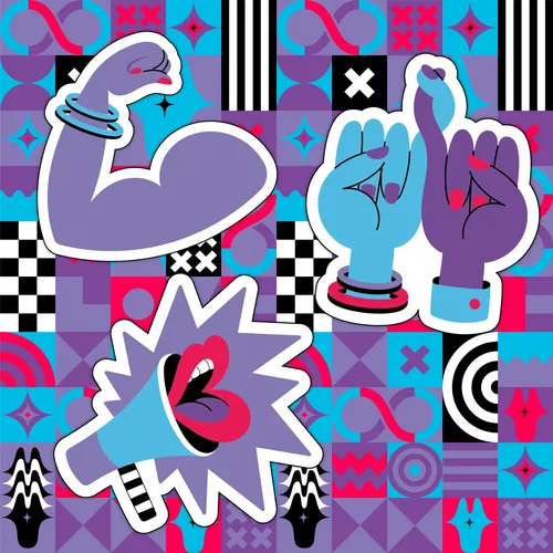 Illustrated icons of a flexed arm, crossed fingers, and megaphone by Mel Cerri